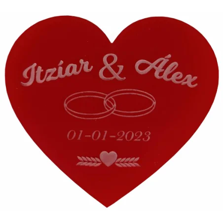 Imán de metacrilato artesanal con dibujo y nombre personalizado para empresas, bodas o eventos con forma de Corazón