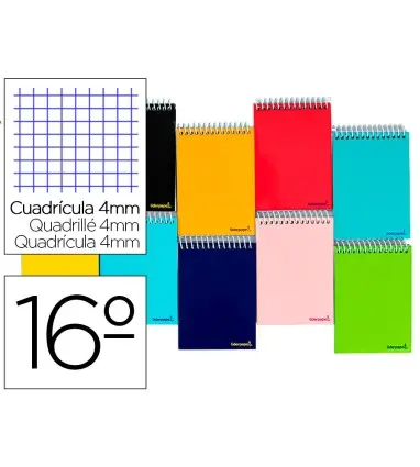 Bloc o Cuaderno espiral liderpapel bolsillo dieciseavo apaisado smart tapa blanda 80h 60gr cuadro 4mm colores surtidos