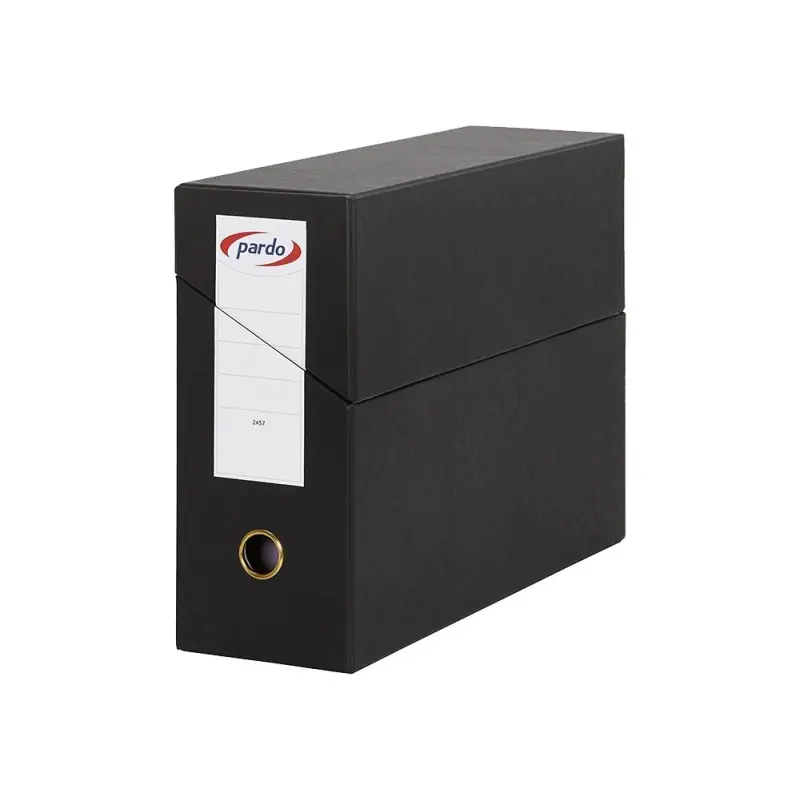 Caja transferencia pardo folio forrado extra doble lomo 80 mm estuche interior con tarjetero negra