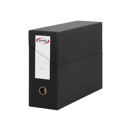 Caja transferencia pardo folio forrado extra doble lomo 80 mm estuche interior con tarjetero negra