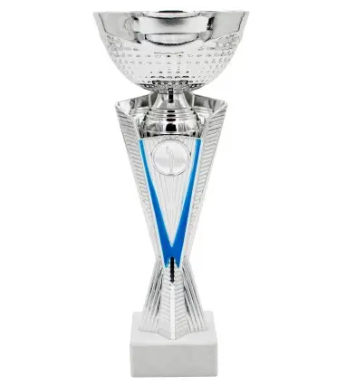 Trofeo Económico Martele con motivos azules y hueco para poner disco de medallas