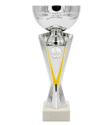 Trofeo Económico con motivos Amarillo y Color Plateado y hueco para poner disco de medallas