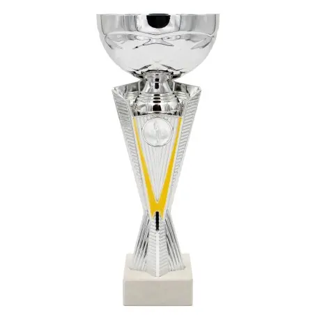 Trofeo Económico con motivos Amarillo y Color Plateado y hueco para poner disco de medallas