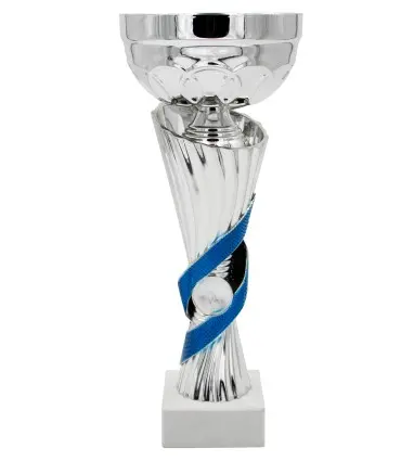Trofeo Económico con motivos Azules y color Plateado y hueco para poner disco de medallas