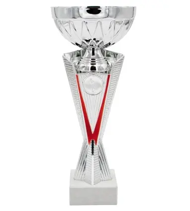 Trofeo Económico con motivos Rojos y Color Plateado y hueco para poner disco de medallas
